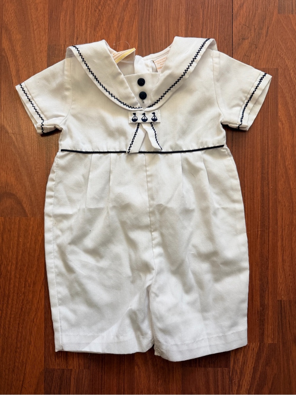Carriage Boutique White Romper with Navy Trim